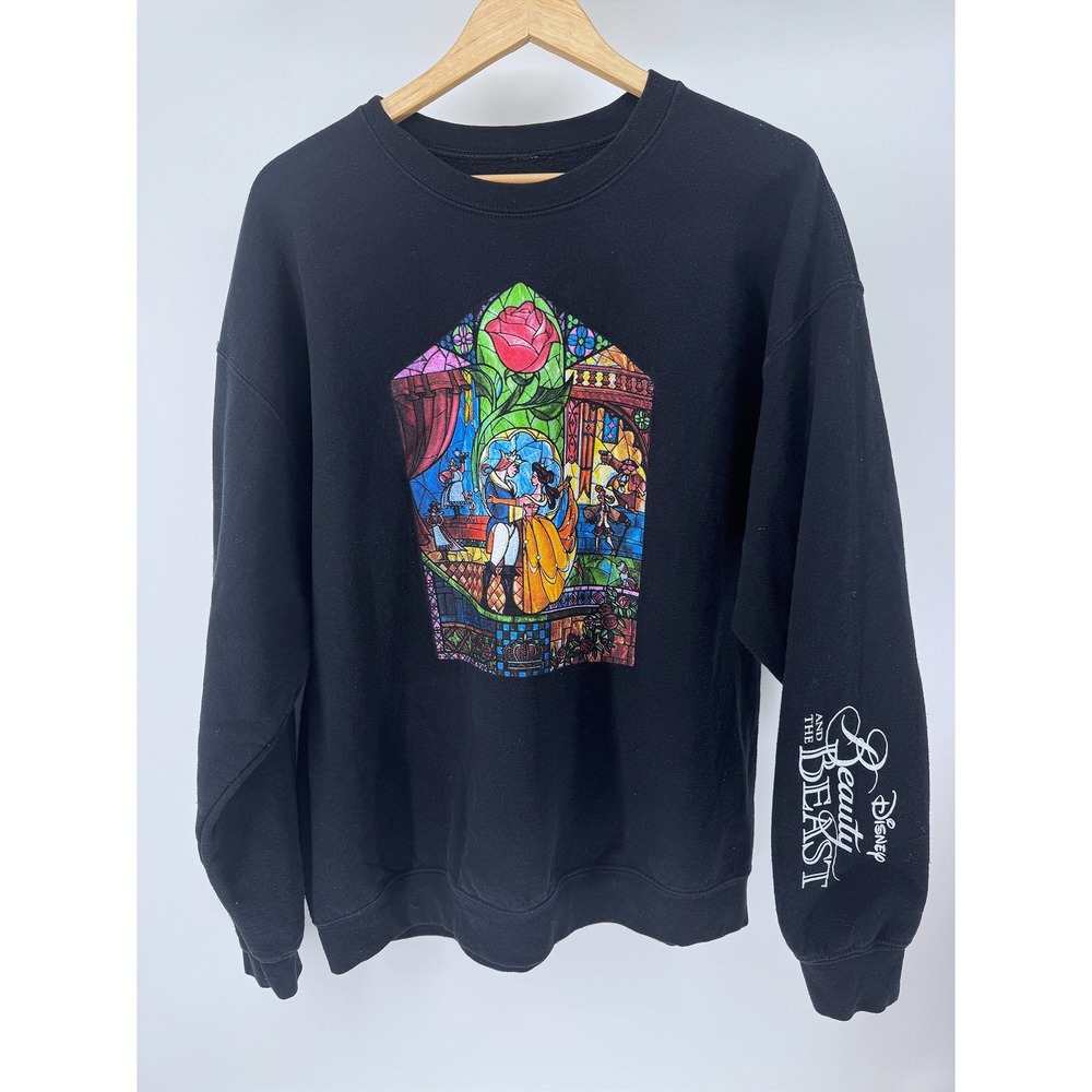 Disney Sweatshirt Women XL Black Beauty and the Beast Stained Glass Graphic